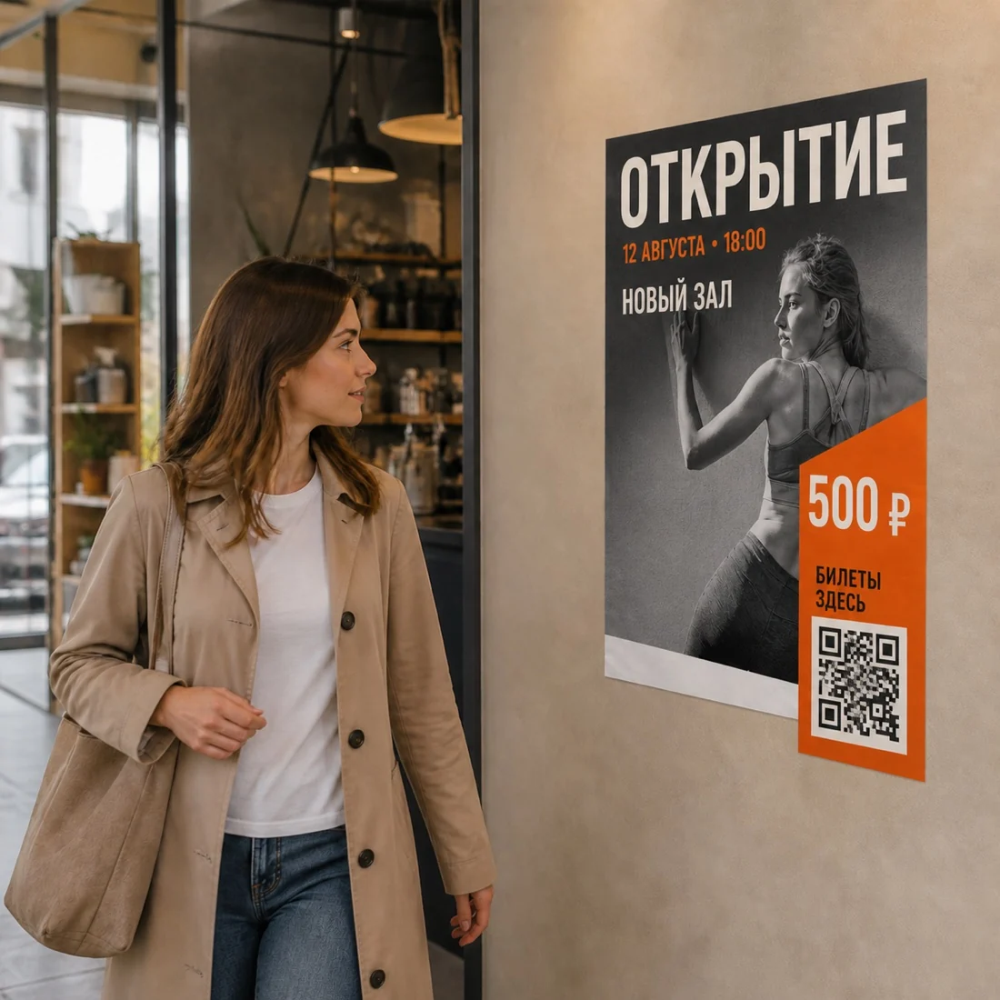 Прохожая замечает бумажный плакат с событием, датой, ценой и QR-кодом