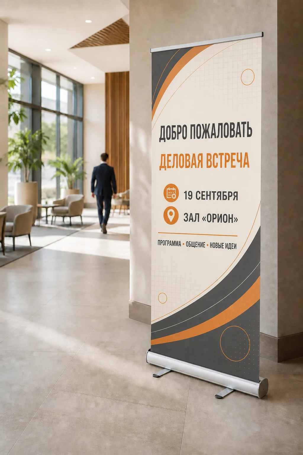 образец смежной услуги, кадр 1: Roll-up стенды; Roll-up с насыщенным русским макетом в лобби делового центра — ПЕЧАТЬ32, заказ с получением в Можайске, «Штендеры»