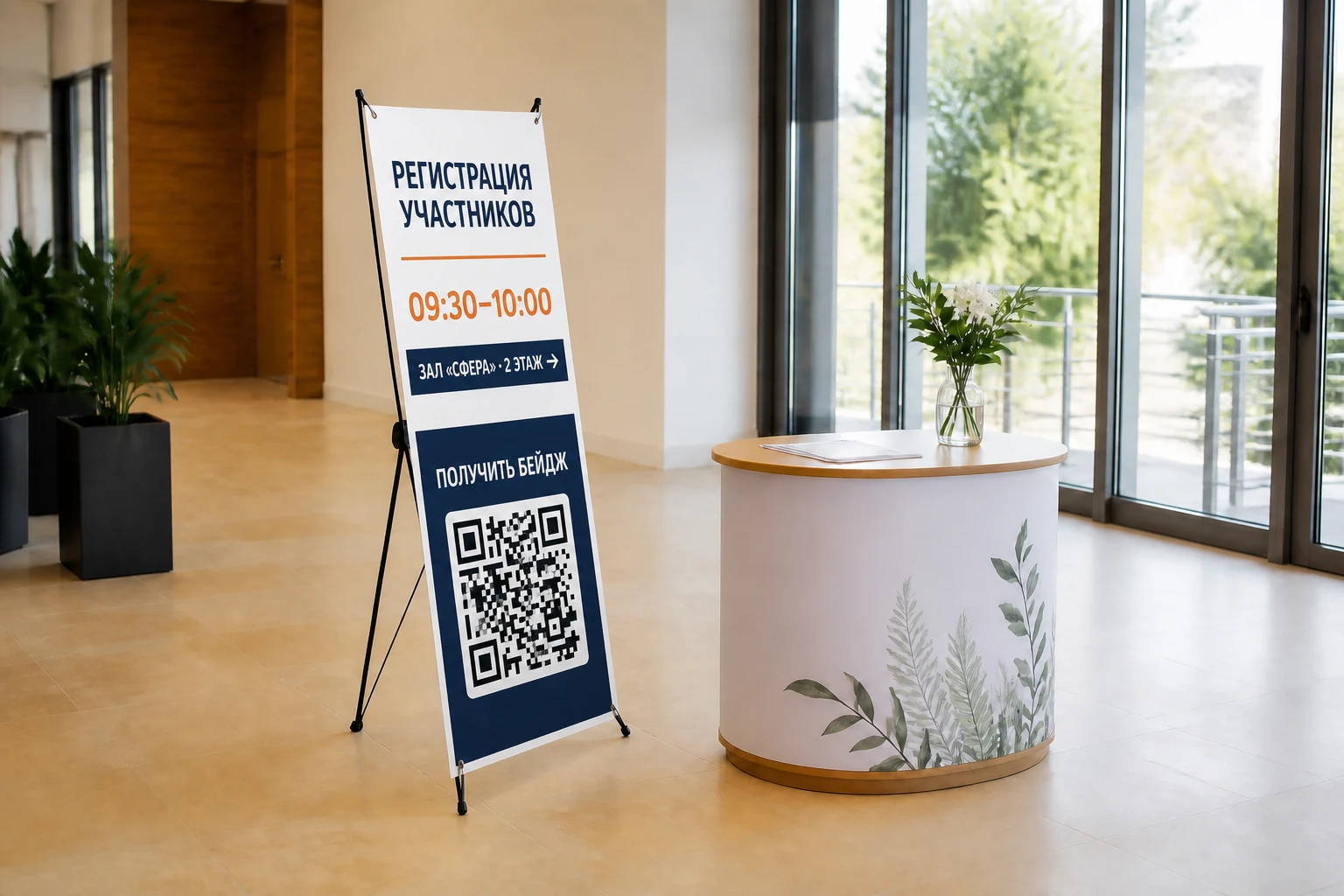 Фирменный стенд паук с программой и QR-кодом в зоне встречи участников