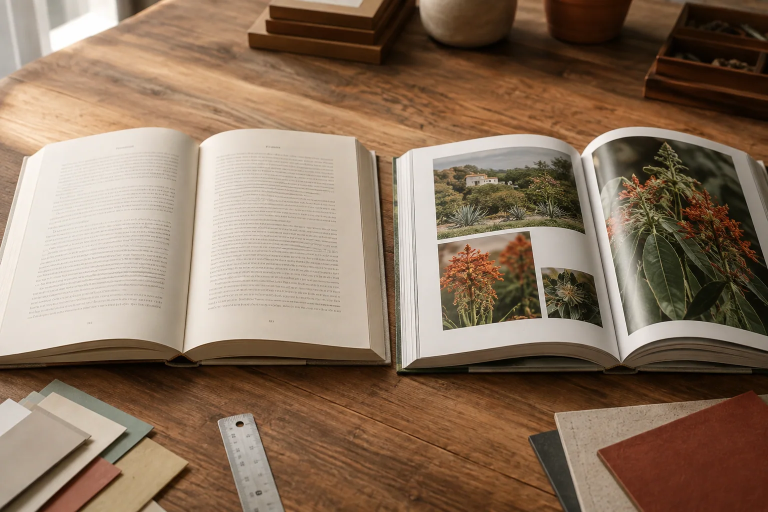 Открытая текстовая книга рядом с книгой с цветными иллюстрациями