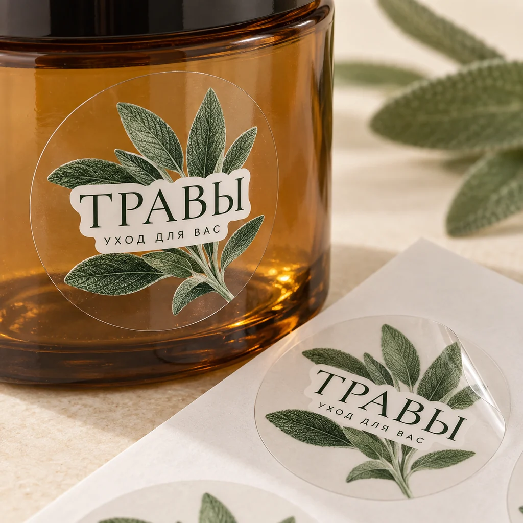 Круглая прозрачная наклейка «ТРАВЫ» с зелёными листьями на стеклянной баночке