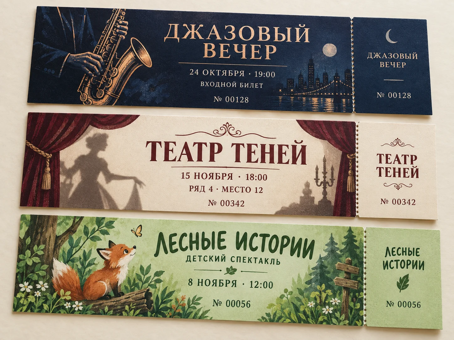 Билеты для концерта, спектакля и детского мероприятия с разным оформлением, номерами и отрывными корешками